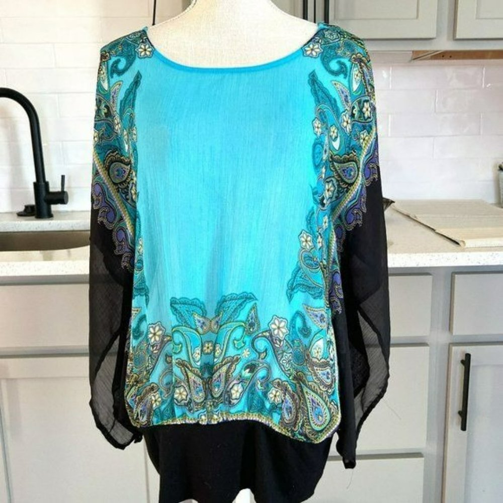 New Directions Unique Bat Wing Top Teal Floral Print Black Banding Size Medium